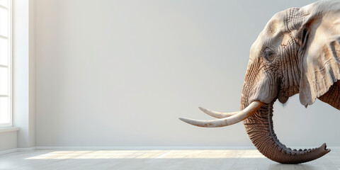 Obraz premium An elephant in an empty light-colored apartment interior. Creative concept of big spacious apartment in a new building