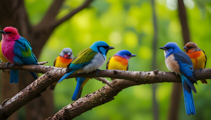 Obraz premium Many colorful birds are sitting in a row on a tree branch in the forest on a blurred background. Generative AI