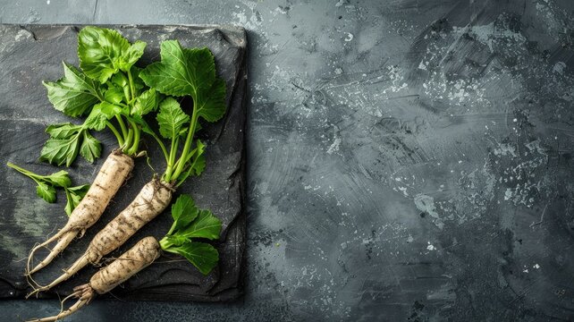 Fresh salsify root with green leaves on dark slate surface