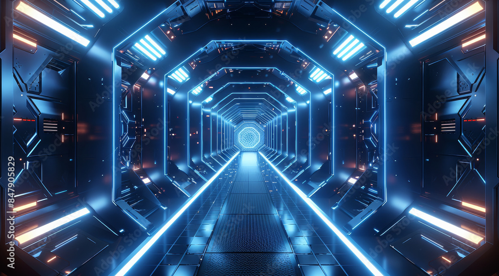 Aufkleber A dark background with futuristic elements and blue lights, with an abstract hexagonal shape in the center of the screen. the walls feature geometric patterns illuminated white light. Generative AI.
