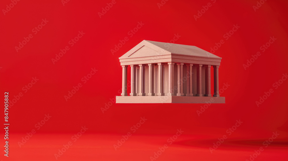 Poster floating model of classical building with greek columns against red background