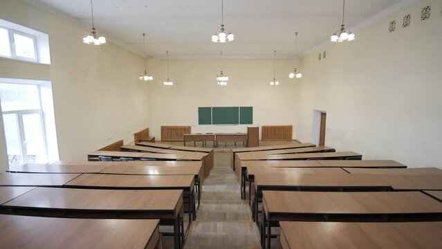 Moving Through Empty University Lecture Hall Or College Classroom
