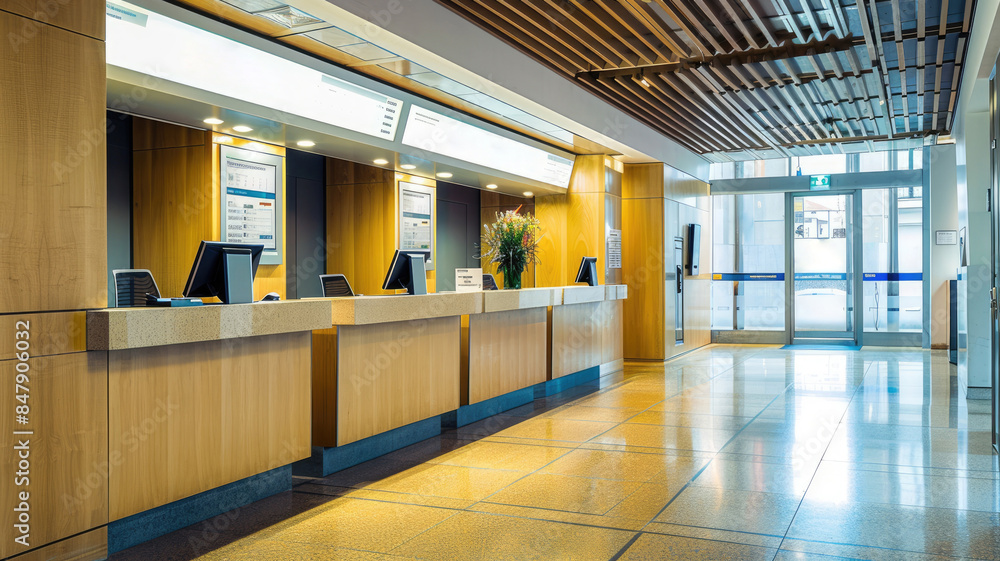 Poster modern reception area with wooden counters and computer screens