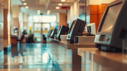 Modern self-service kiosks in empty, well-lit place