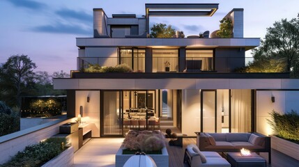 modern townhouse with a sleek design, rooftop terrace, and private garden