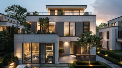 modern townhouse with a sleek design, rooftop terrace, and private garden