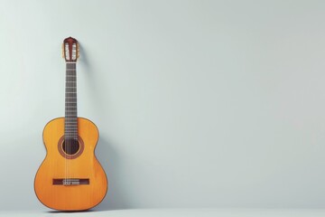 A Classical Guitar Leans Against a Light Blue Wall