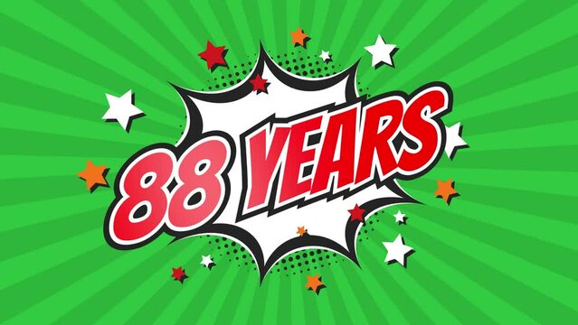 88th eighty-eighth anniversary - 88 eighty-eight years birthday. Animated text on pop colorful background with rotating rays.
