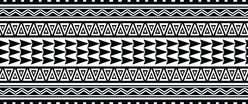 Polynesian design tribal tattoo border. Tribal design ethnic maori band.Tattoo  ribbon sleeve bracelet. Fabric seamless isolated hawaiian pattern on white background.