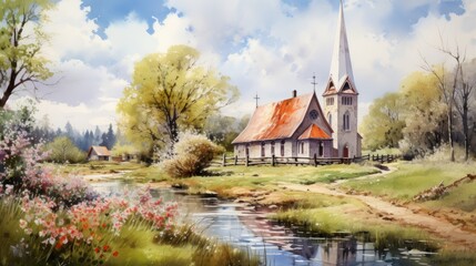 Obraz premium Watercolor of a modern church in a small village