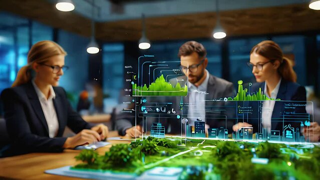 a professional team implementing a corporate sustainability program. Display visuals of digital tools tracking carbon footprint, green certifications, and eco-conscious work habits.
