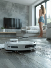 Fototapeta premium Laminate floor is washed by a white vacuum cleaner robot, close-up, depth of field, blurred image of a room in gray tones on the background