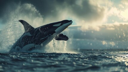 Fototapeta premium A killer whale leaps from the sea and seas with a splash