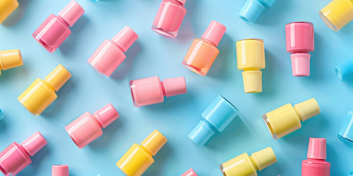 Multicolored nailpolish bottles, pastel colors, minimalist, flatlay, nail polish bottle pattern
