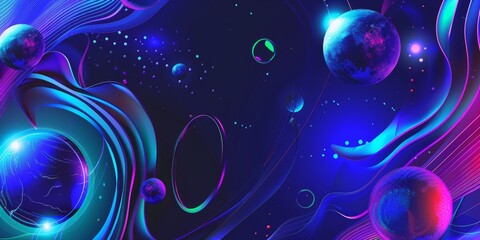 Futuristic space scene with planets and glowing stars