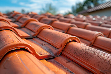 Close-up of terracotta roof tiles on a sunny day, symbolizing construction, architecture, and home protection. Concept of building, architecture, and home improvement.