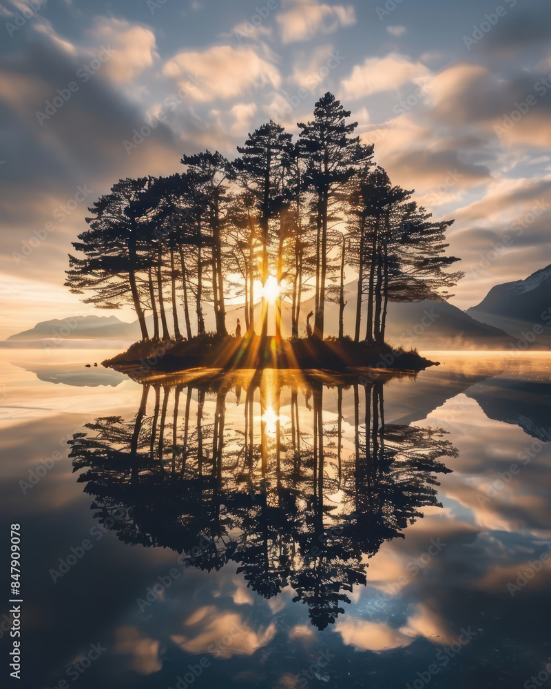 Aufkleber mesmerizing sunrise at a serene lake with reflective waters and a cluster of trees in the middle of 