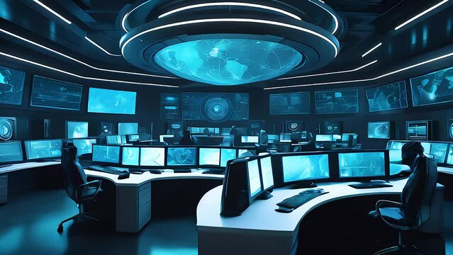 a high-tech command center with cybersecurity experts monitoring multiple screens displaying security data and alerts. The environment should convey a serious and vigilant atmosphere.