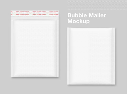 Bubble mailer padded envelope shipping bag opened and closed mockups. Vector illustration isolated on grey background. Ready for your design. EPS10