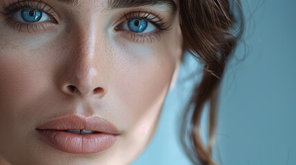 Fototapeta premium Close-up portrait of a woman with blue eyes and natural makeup