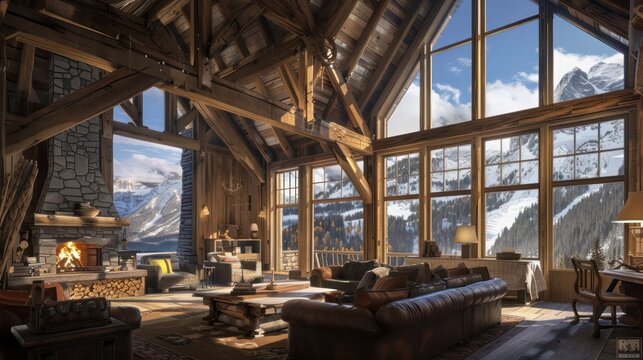 rustic mountain chalet with timber beams, large windows, and a cozy fireplace