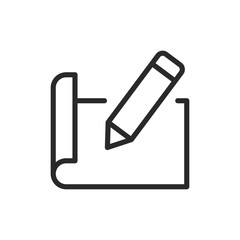 Rolled blueprint with a pencil, linear style icon. Blueprint with a pencil, drafting or design planning. Editable stroke width.