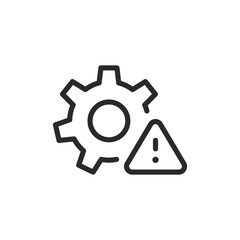 Gear with warning sign, linear style icon. technical or mechanical warning. Editable stroke width.