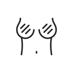 Breast pain, linear style icon. Woman with breast tenderness. discomfort or pain in the chest. Editable stroke width