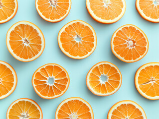 Pattern of Fresh Orange Slices on Light Blue Background