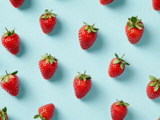 Pattern of Fresh Strawberries on Blue Background