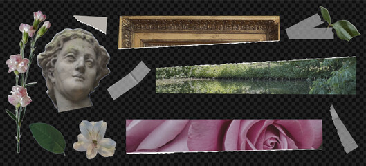 Collage kit of vintage elements. Sculture head and flowers and pieces of paper. On transparent dark background as a png. Baroque aesthetic. Vintage halfone effect.