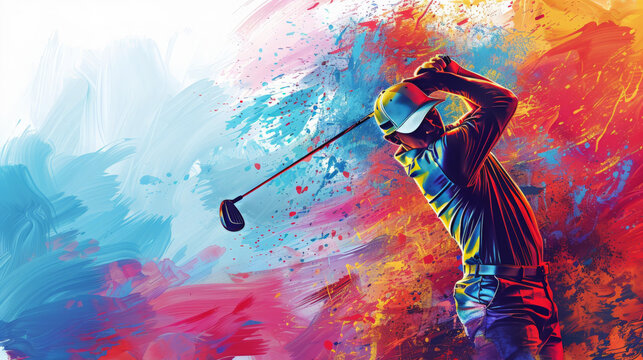 Colorful illustration of a golfer in mid-swing, with a vibrant blue and orange background