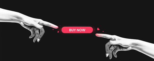 Hands reaching for the Buy now button. In the style of a renaissance painting . Black vector banner with white  and redelement. Cover online shop template. Collage trend style.
