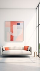 Modern minimalist living room with abstract wall art, white sofa, orange pillows and natural light from large windows.