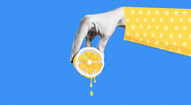 Woman Hand with lemon squeeze. Fruit concept collage art. Lemonade made. Contemporary juice ads. Isolated drops.  advertising recipe. Vector illustration with photo halftone elements.