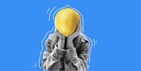 Contemporary Collage at the food concept. Woman with lemon head. Surprised Funky Background. Blue and yellow funky design. Bold and bright. Surreal artwork with photo elements