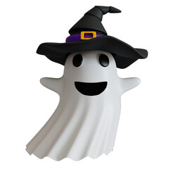 Halloween ghost with witch hat 3d rendered illustration. Isolated halloween ghost on transparent background