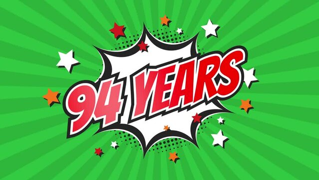 94th ninety-fourth anniversary - 94 ninety-four years birthday. Animated text on pop colorful background with rotating rays.
