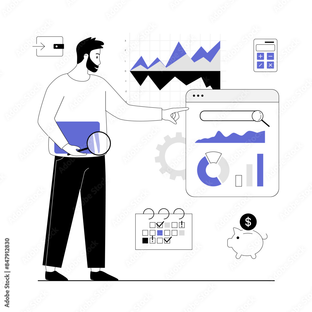 Poster digital business concept. man researching statistics, brainstorming and using marketing tools. vecto