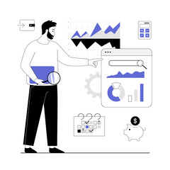 Digital business concept. Man researching statistics, brainstorming and using marketing tools. Vector illustration with line people for web design.