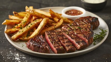 A hearty plate of steak frites, featuring a perfectly cooked strip steak and a side of crispy French fries.