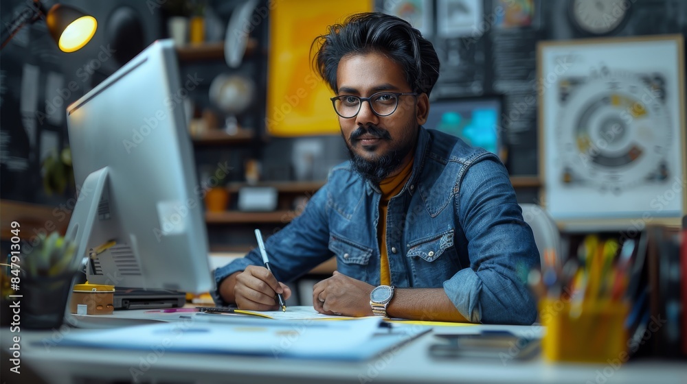 Aufkleber a professional indian handsome graphic designer working on his computer in an office, sitting at his