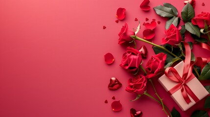 Banner poster valentine day with a gift box and a bouquet of roses with copy space