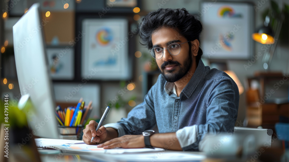 Aufkleber a professional indian handsome graphic designer working on his computer in an office, sitting at his