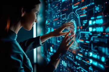 Woman cyber security officer. Digital screen scene. Hackers attack prevention