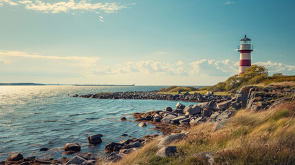 Lighthouse on a rocky coastline in Malmö, Sweden