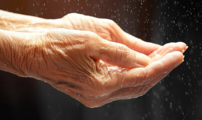 Elderly Fragile Hands Cupped Beneath Raindrop Shower - Concept of Protection, Care, Empathy for Aging and Need