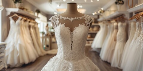 Obraz premium Exquisite lace wedding gown on display in bridal store