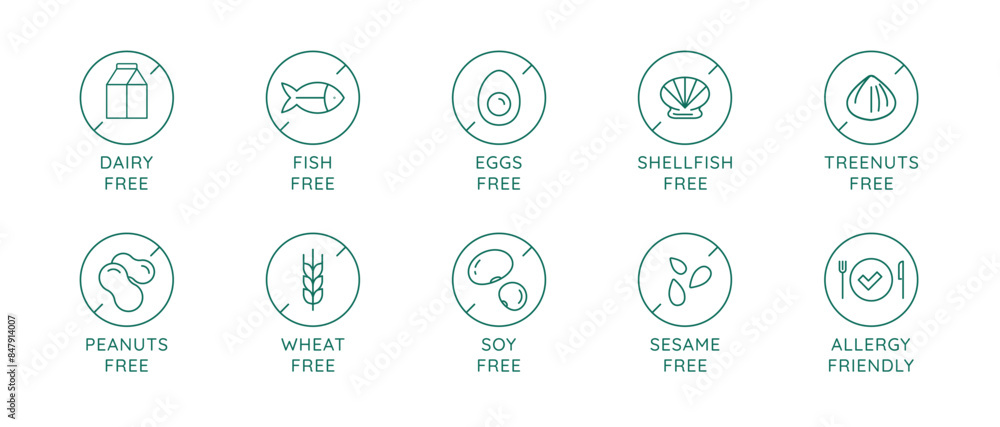 Poster vector set of design elements, badges and icons for food packaging in mono linear style - dairy free