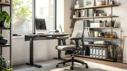 stylish home office with a modern desk, ergonomic chair, and organized shelving system designed for productivity and comfort